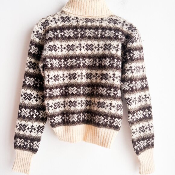 Vintage Fairisle Ivory Brown Icelandic Wool Turtleneck Sweater S - Picture 3 of 9